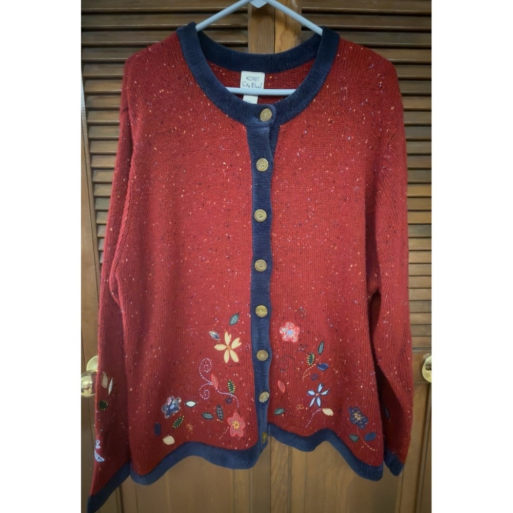 Vintage Koret City Blues Cardigan 3X Red Floral Embroidered Wool Blend Granny